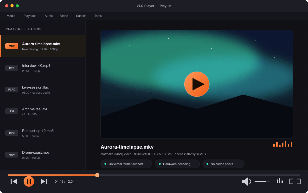 VLC Media Player playlist showing MKV, MP4, FLAC, AVI, MP3 and MOV files ready to play