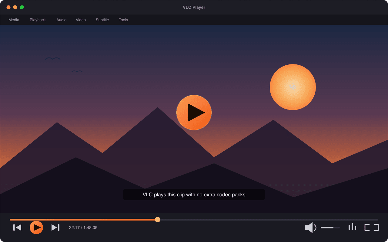 VLC Media Player playing a video file, with the timeline and playback controls visible